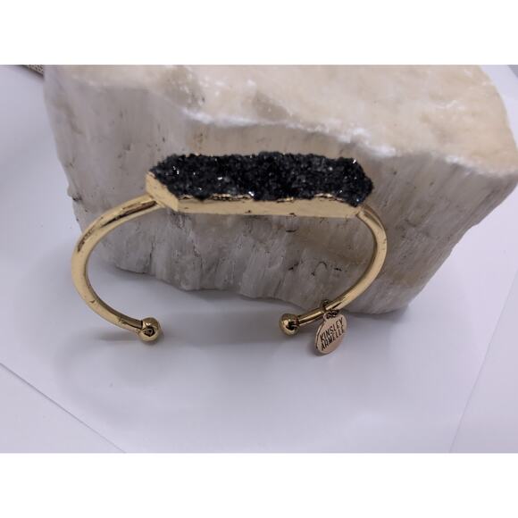 Kinsley Armelle Black Druzy Quartz Bangle Cuff Bracelet Gold Tone - Picture 5 of 6